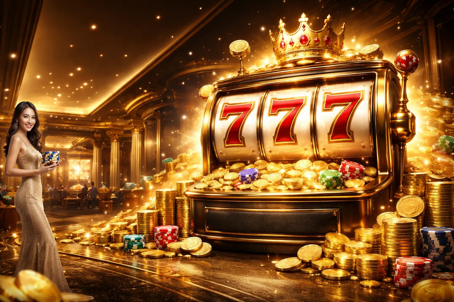 Hình ảnh slot game daga68 với biểu tượng tiền vàng và vòng quay may mắn